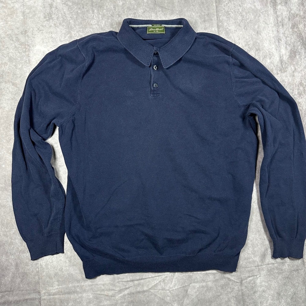 Eddie Bauer Men XL Tall Navy Blue Cashmere Blend Long Sleeve Polo Sweater Preppy